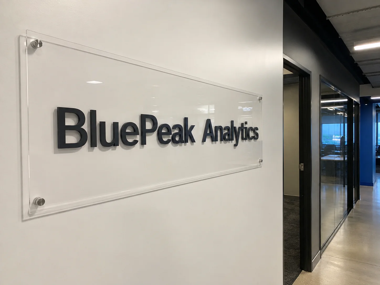 BluePeak Analysis dimensional office sign — conceptual wood-sign and dimensional-sign design inspiration