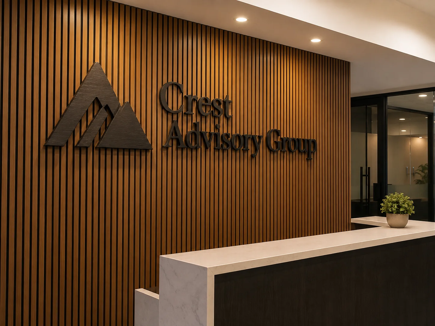 Crest Advisory Group wood slat reception sign — conceptual wood-sign and dimensional-sign design inspiration