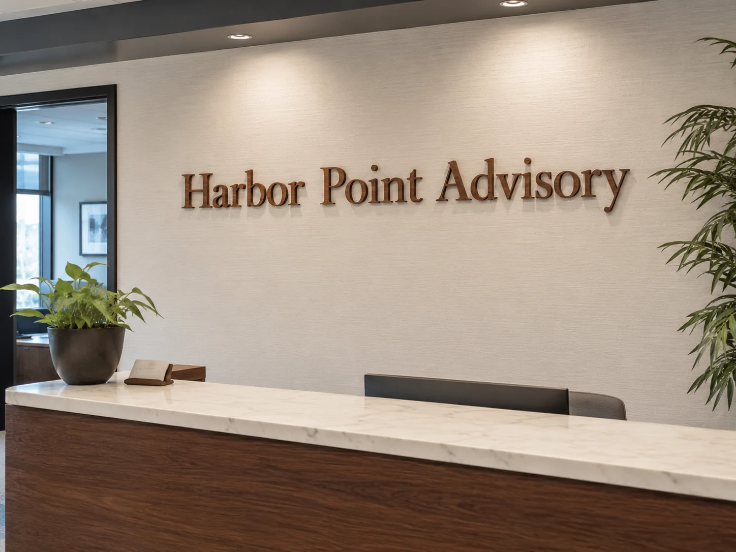 Harbor Point Advisory bronze office sign — conceptual wood-sign and dimensional-sign design inspiration
