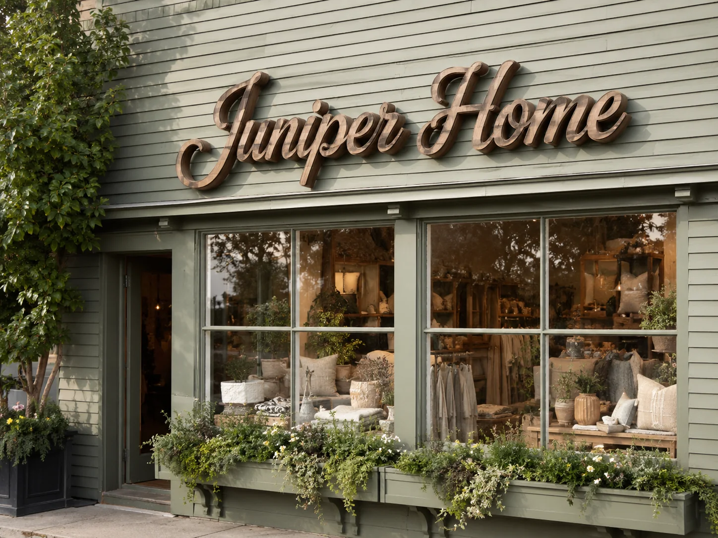Juniper Home script storefront sign — conceptual wood-sign and dimensional-sign design inspiration