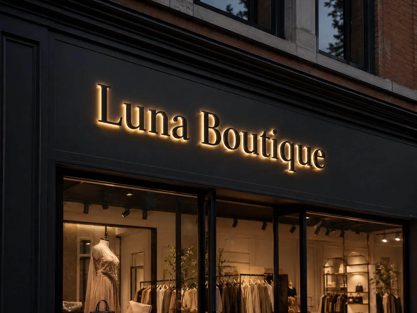 Luna Boutique gold dimensional storefront sign — conceptual wood-sign and dimensional-sign design inspiration