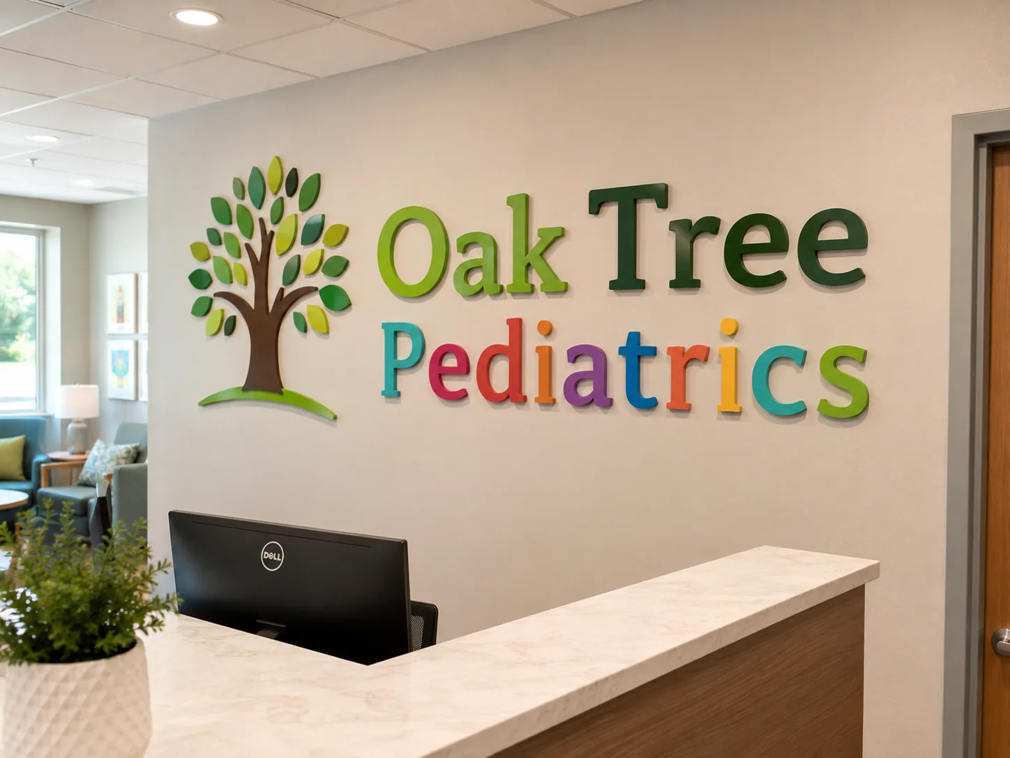 Oak Tree Pediatrics color wall logo — conceptual wood-sign and dimensional-sign design inspiration