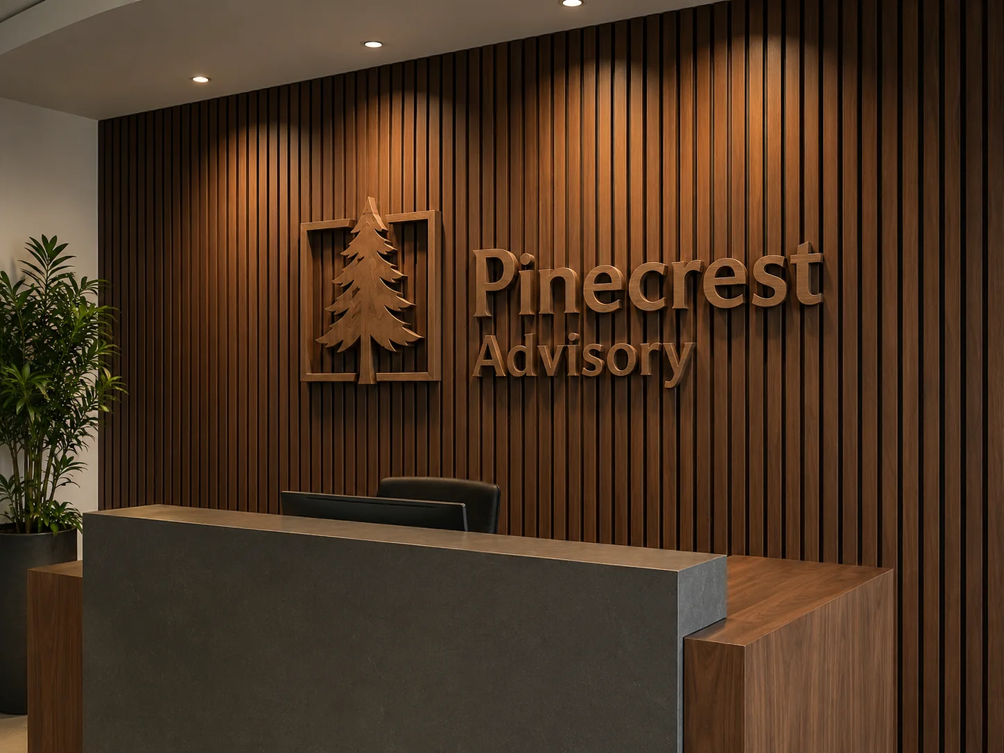 Pinecrest Advisory wood slat office sign — conceptual wood-sign and dimensional-sign design inspiration