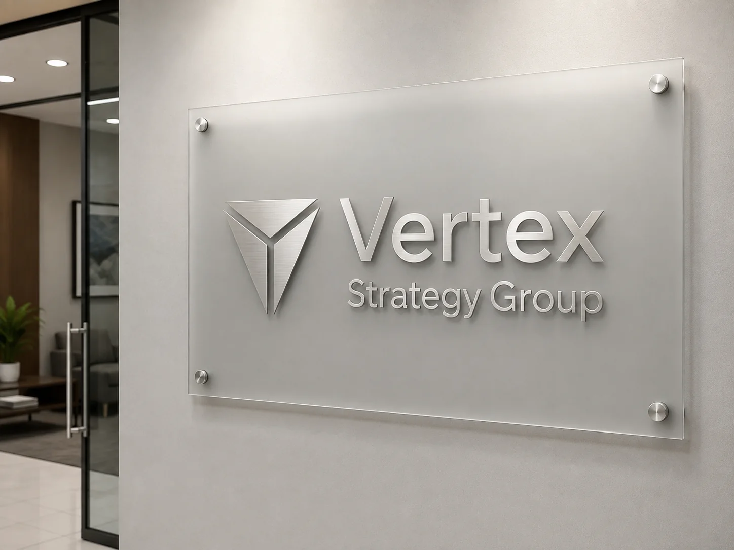 Vertex Strategy Group frosted panel sign — conceptual wood-sign and dimensional-sign design inspiration
