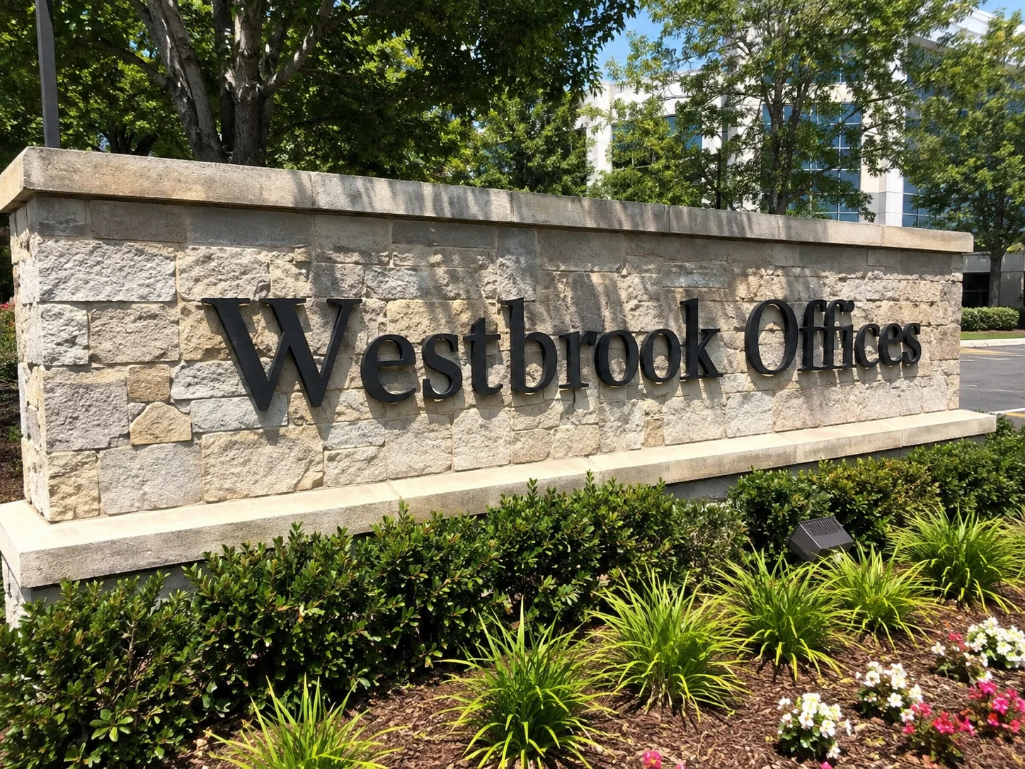 Westbrook Offices stone monument sign — conceptual wood-sign and dimensional-sign design inspiration