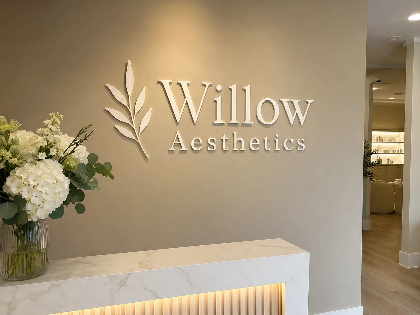 Willow Aesthetics gold reception sign — conceptual wood-sign and dimensional-sign design inspiration