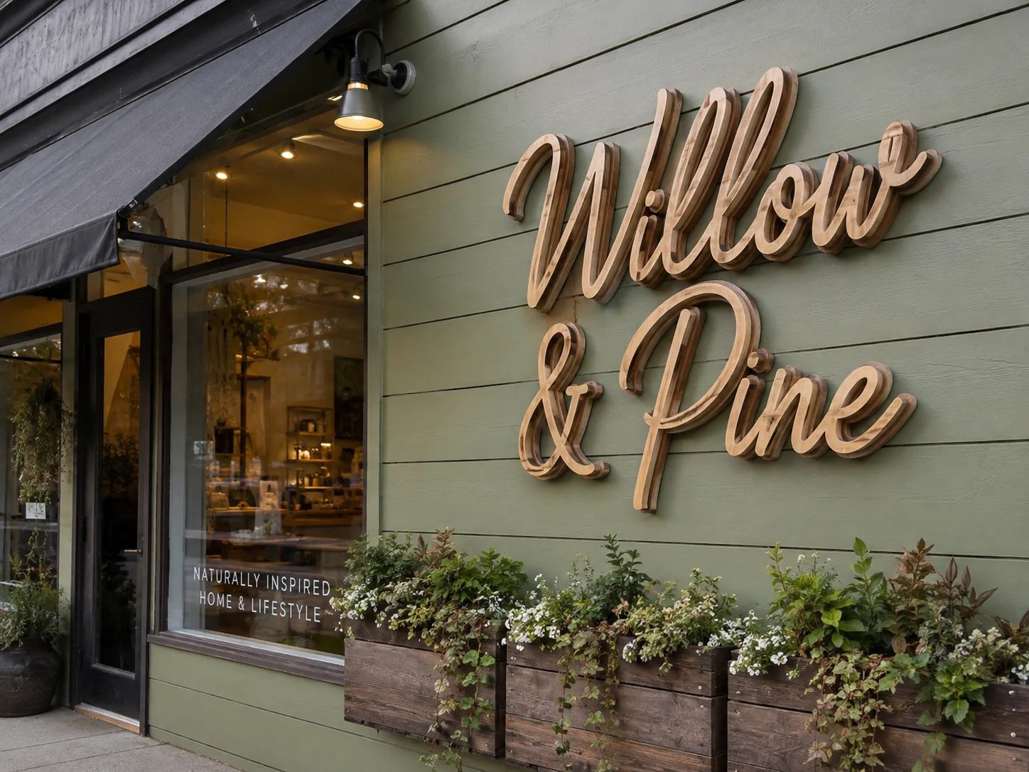 Willow & Pine dimensional boutique sign — conceptual wood-sign and dimensional-sign design inspiration
