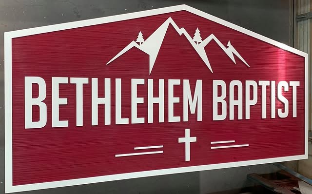 Bethlehem Baptist Red White Church custom wood-look sign with carved and dimensional details