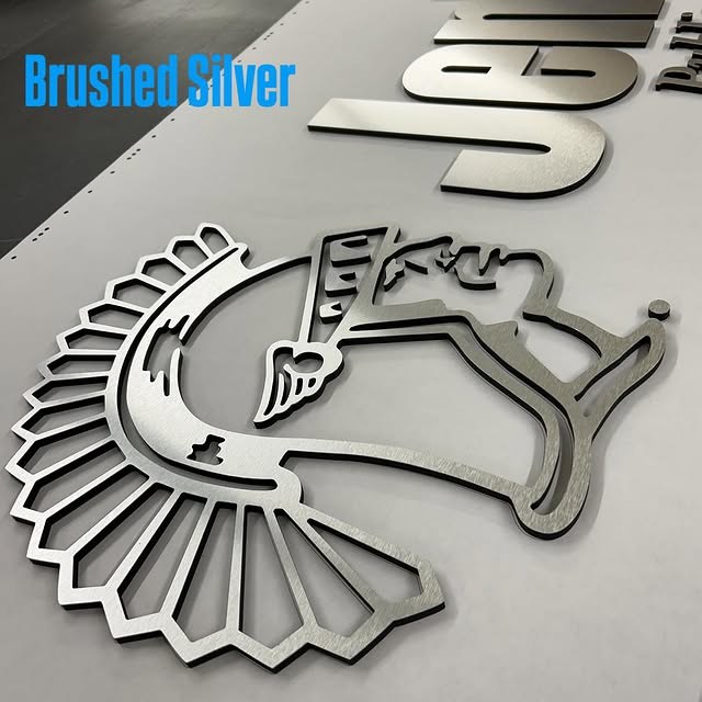 Brushed Silver Logo Script custom wood-look sign with carved and dimensional details