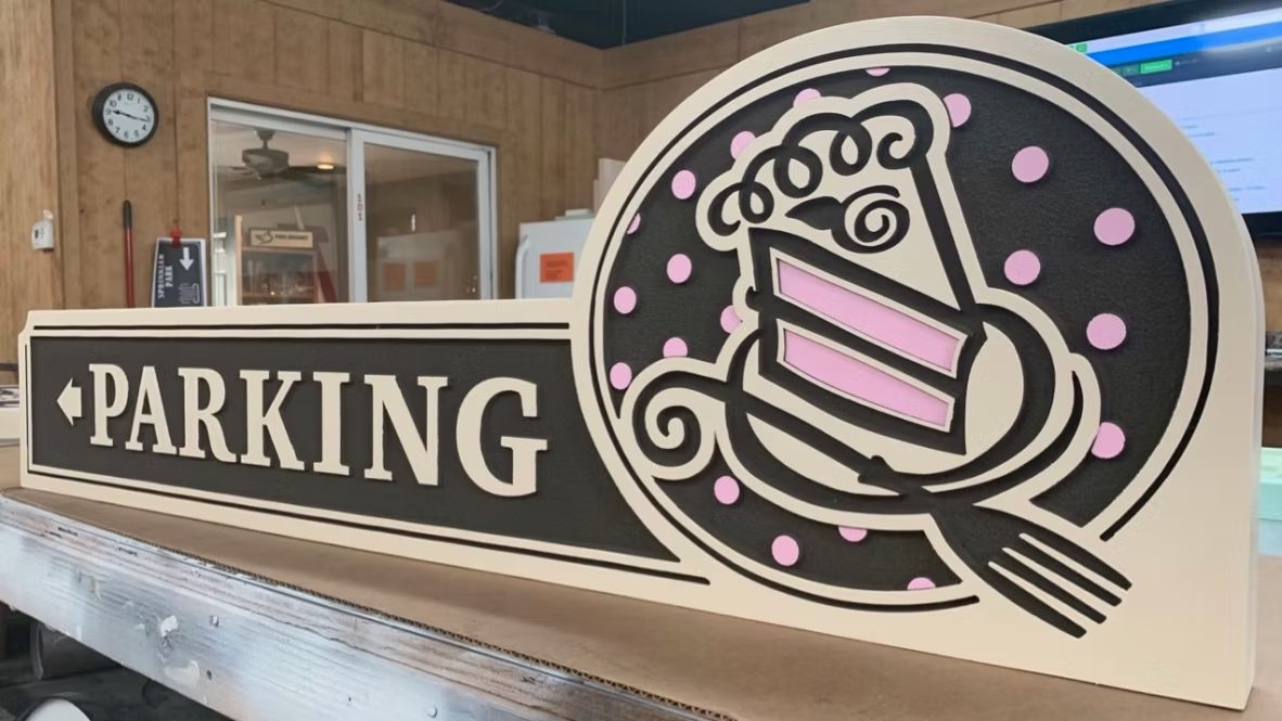 Cafe Parking Directional custom wood-look sign with carved and dimensional details