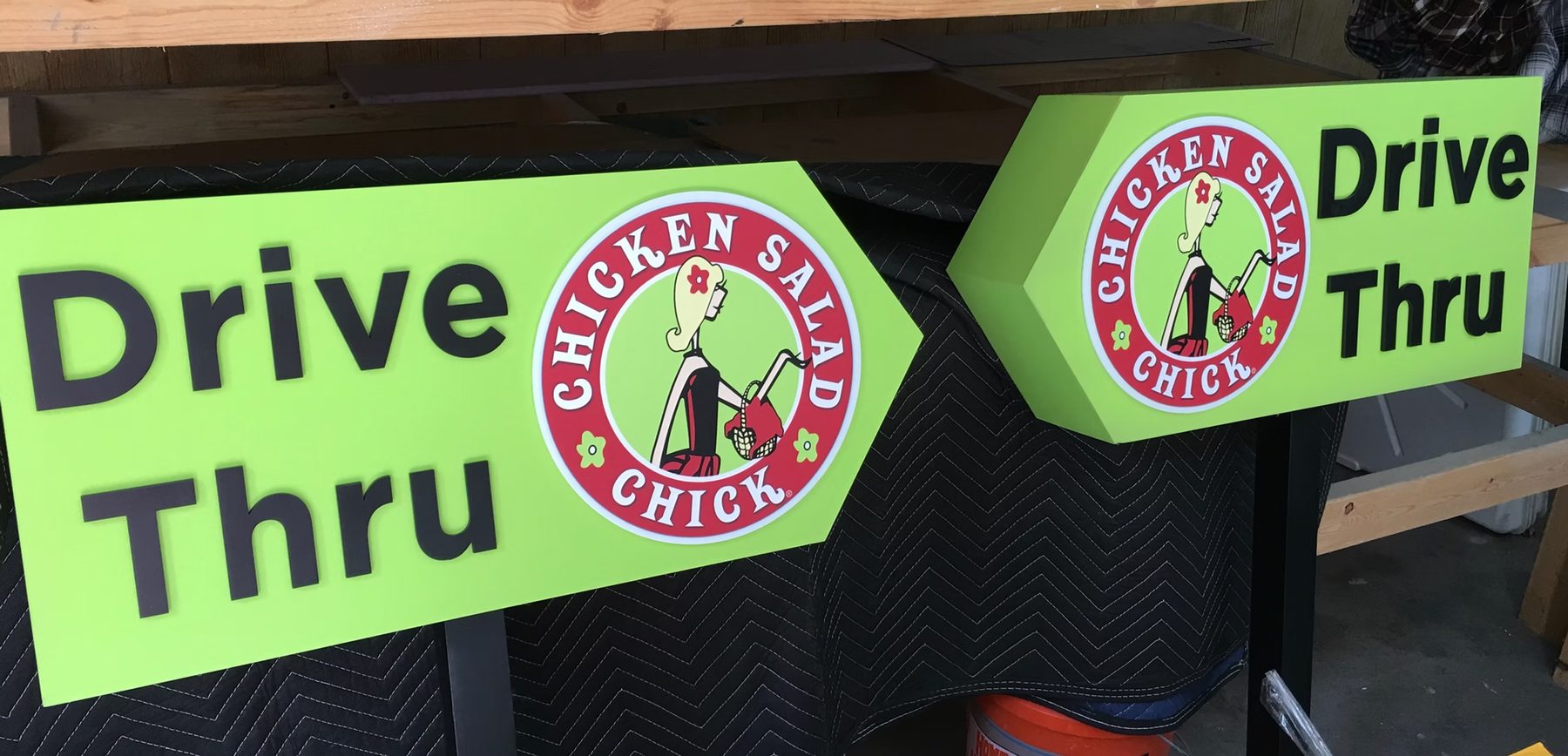 Chicken Salad Chick Drive Thru Directional Signs custom wood-look sign with carved and dimensional details