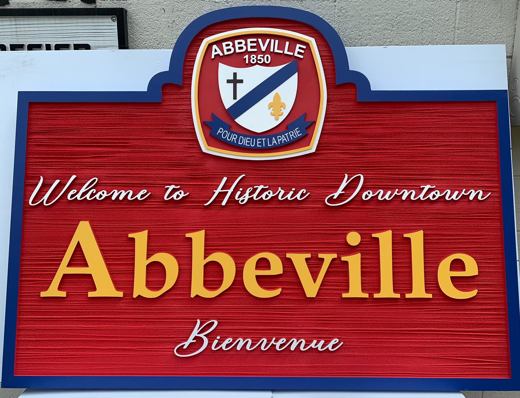 City Abbeville Welcome Sign Dimensional Border Lettering custom wood-look sign with carved and dimensional details
