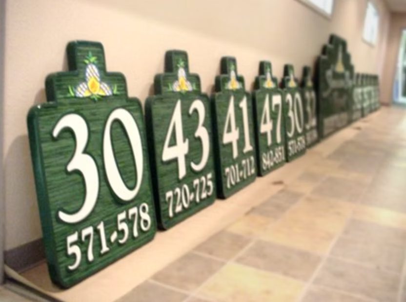 Green Dimensional Apartment Building Number Plaques custom wood-look sign with carved and dimensional details