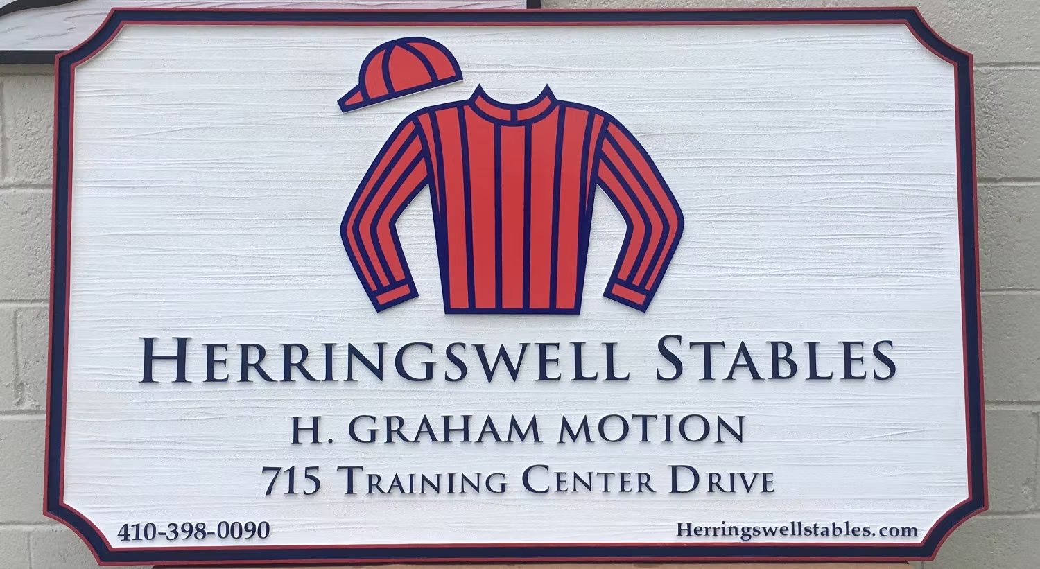 Herringswell Stables Custom Farm custom wood-look sign with carved and dimensional details