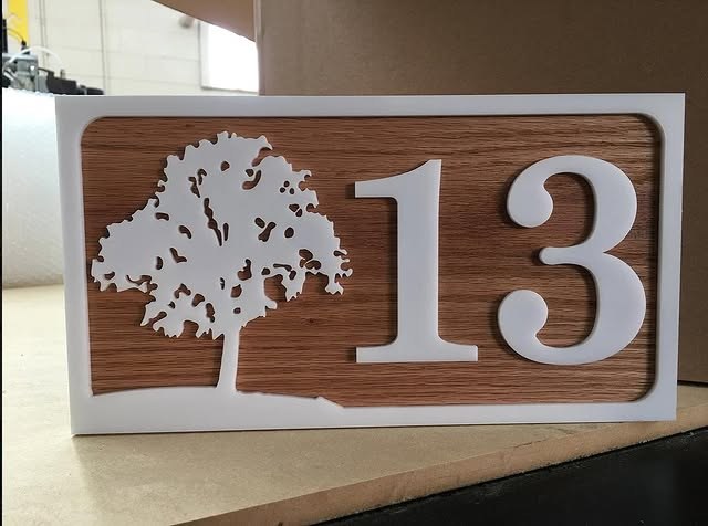 Residential Oak Tree Address Sign 13 custom wood-look sign with carved and dimensional details