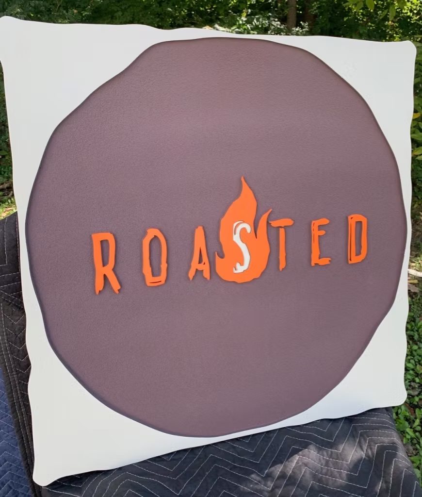 Roasted Custom Round Business custom wood-look sign with carved and dimensional details