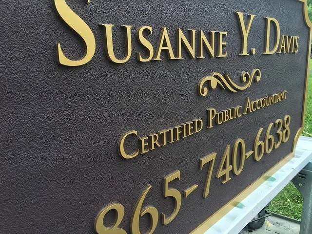 Susanne Davis Accountant Black Gold custom wood-look sign with carved and dimensional details