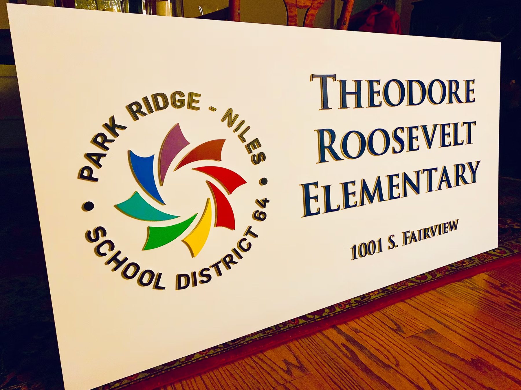 Theodore Roosevelt Elementary School custom wood-look sign with carved and dimensional details