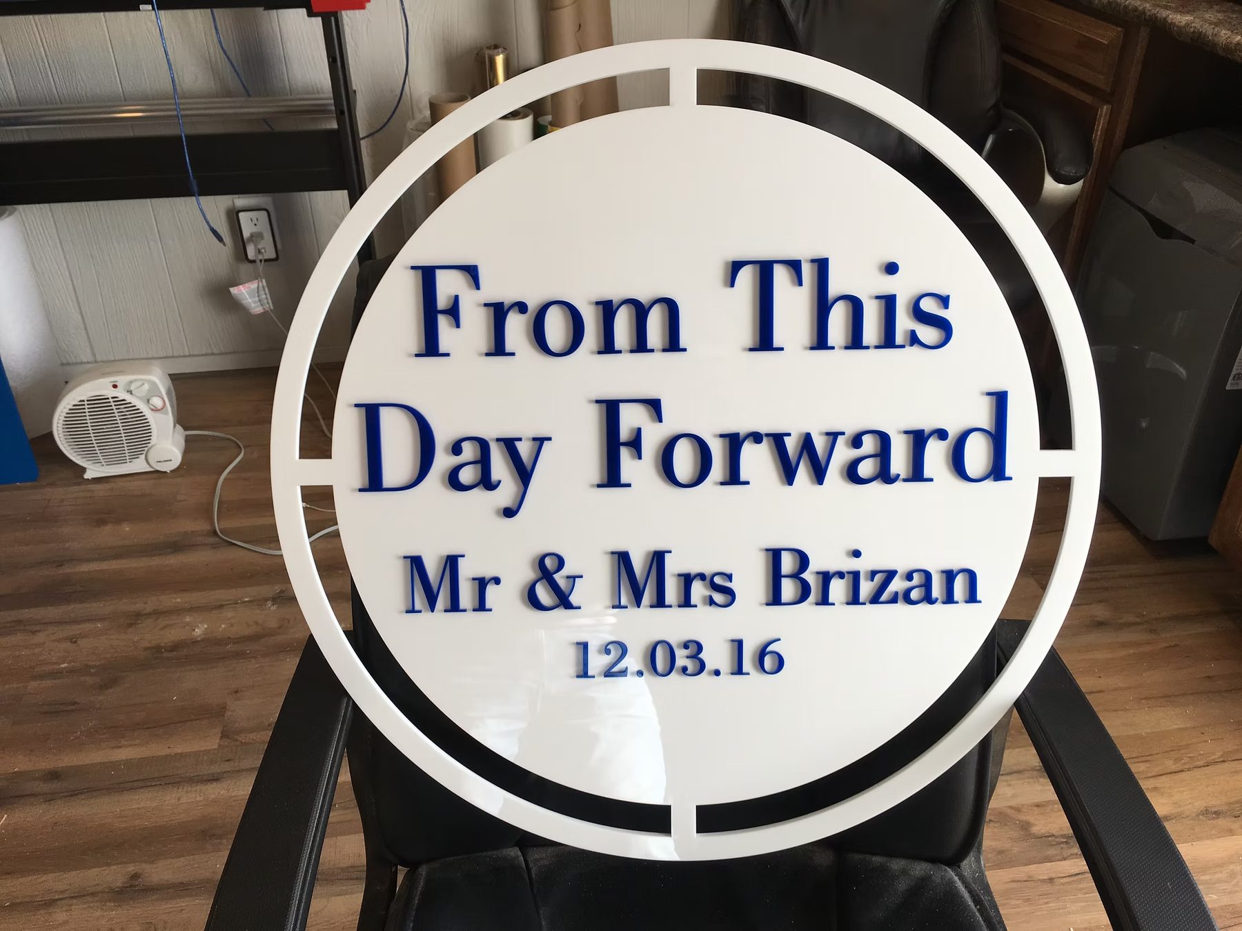 This Day Forward Round Wedding custom wood-look sign with carved and dimensional details