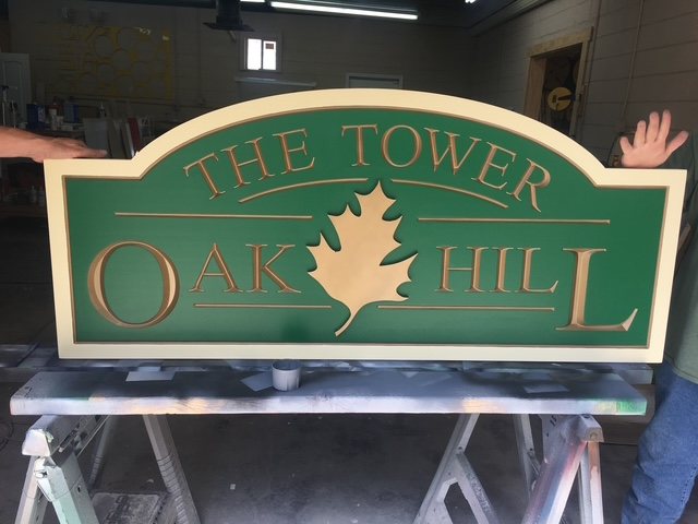 Tower Oak Hill Dimensional Property custom wood-look sign with carved and dimensional details