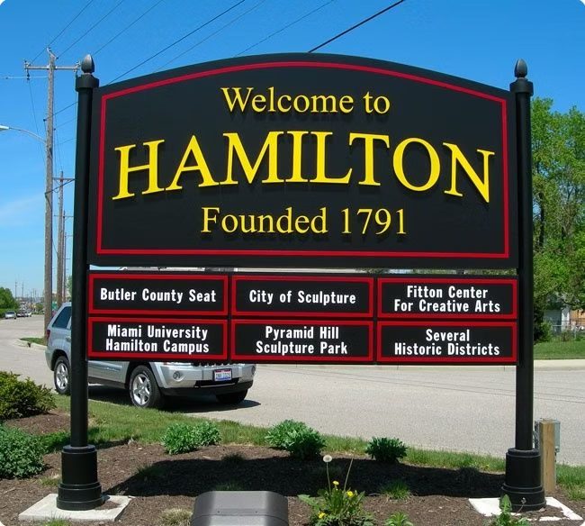 Welcome To Hamilton Ohio Community custom wood-look sign with carved and dimensional details