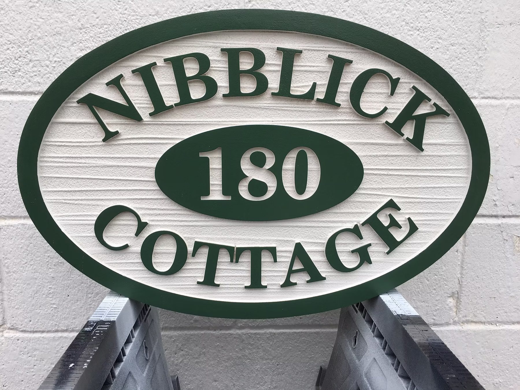 Wibblica 180 Cottage Oval Address custom wood-look sign with carved and dimensional details