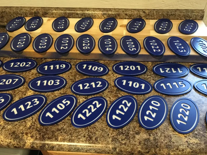 Blue Oval Apartment Address Number Plaques custom wood-look sign