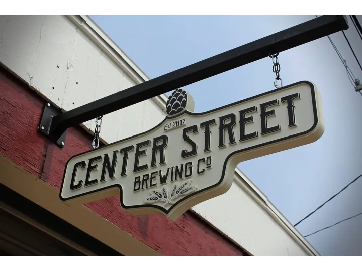 Center Street Brewing Custom Hanging custom wood-look sign