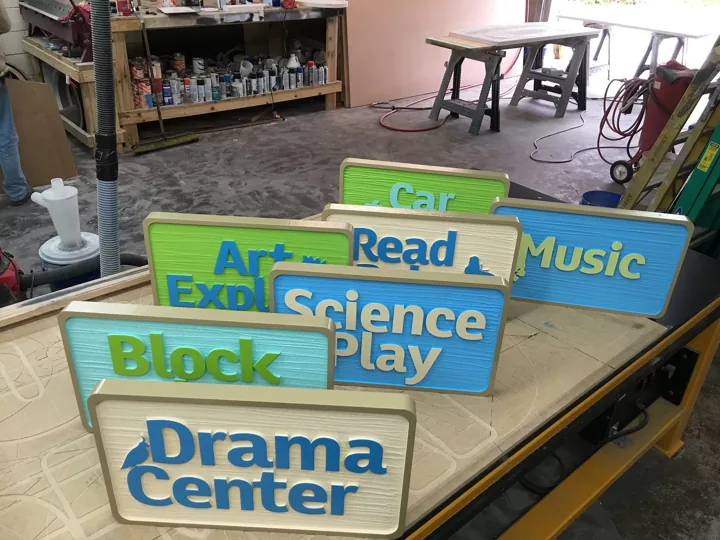 Colorful School Activity Center Directional Sign Set custom wood-look sign