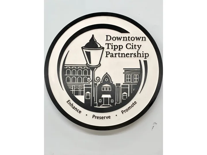 Downtown Tipp City Partnership Round Dimensional custom wood-look sign