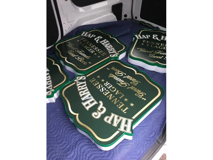 Green Gold Routed Sign Panels During Production custom wood-look sign