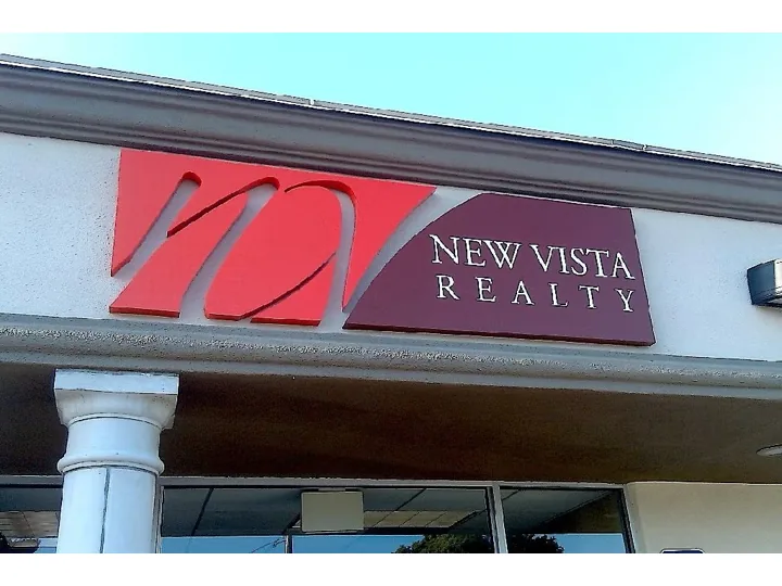 New Vista Realty Exterior Building Logo Letters custom wood-look sign