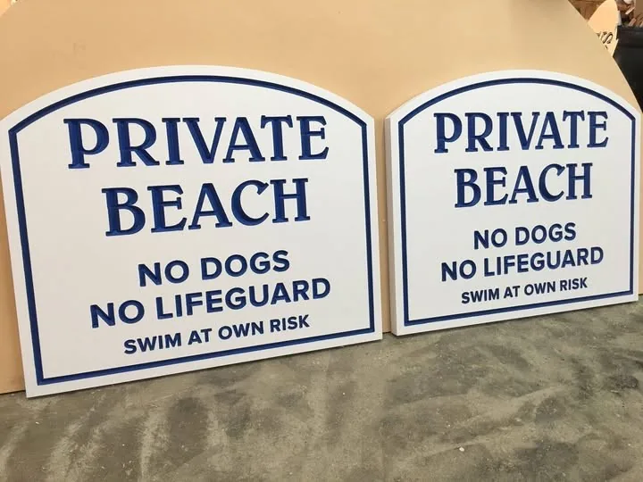 Private Beach Regulatory Signs Blue Lettering custom wood signage