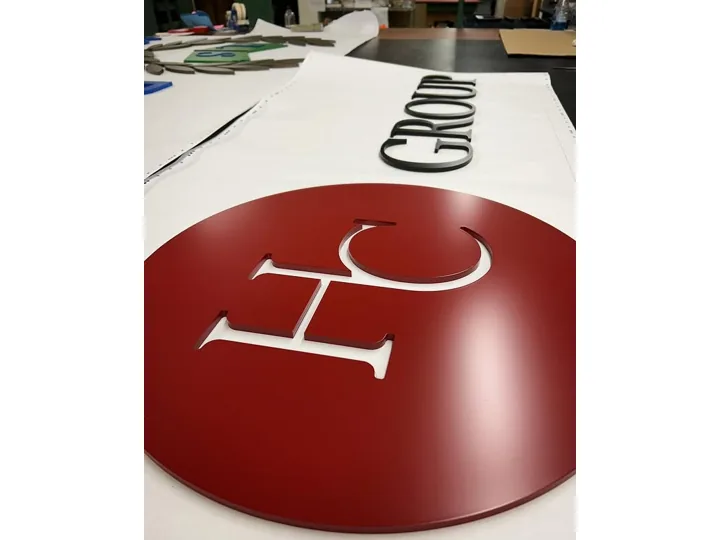 Red Circular Logo custom wood-look sign