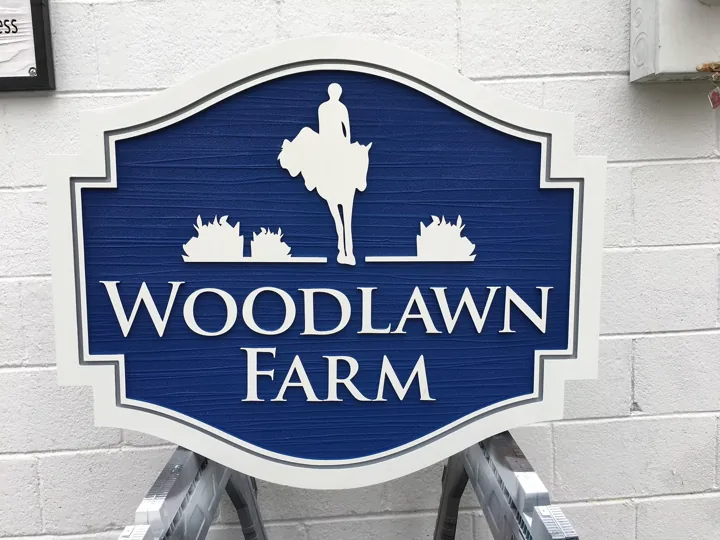 Woodlawn Farm Blue White custom wood-look sign